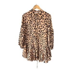 Karlie Leopard Print Popover Dress Womens Sz M Long Sleeve Tiered Drawsting